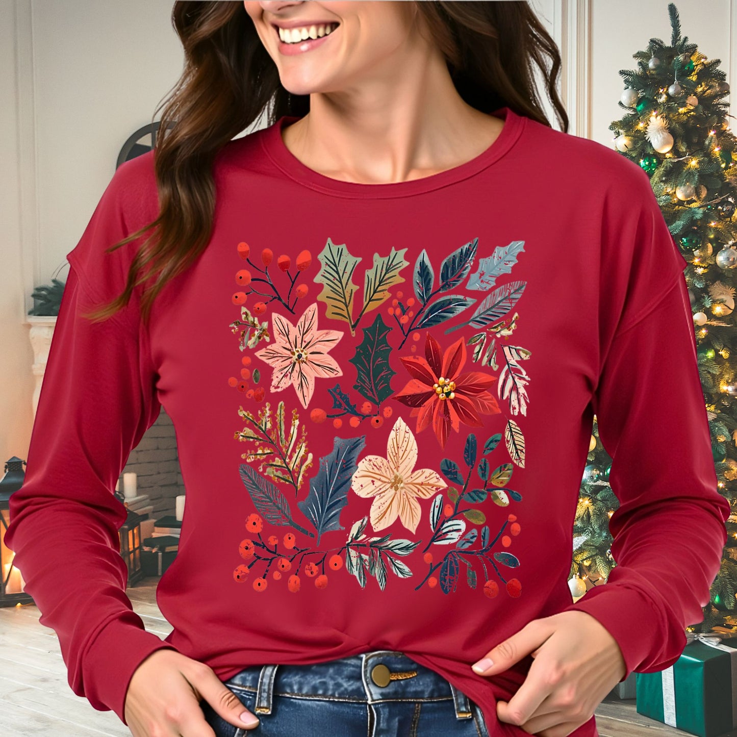 Boho Poinsettia Floral Long Sleeve Tee