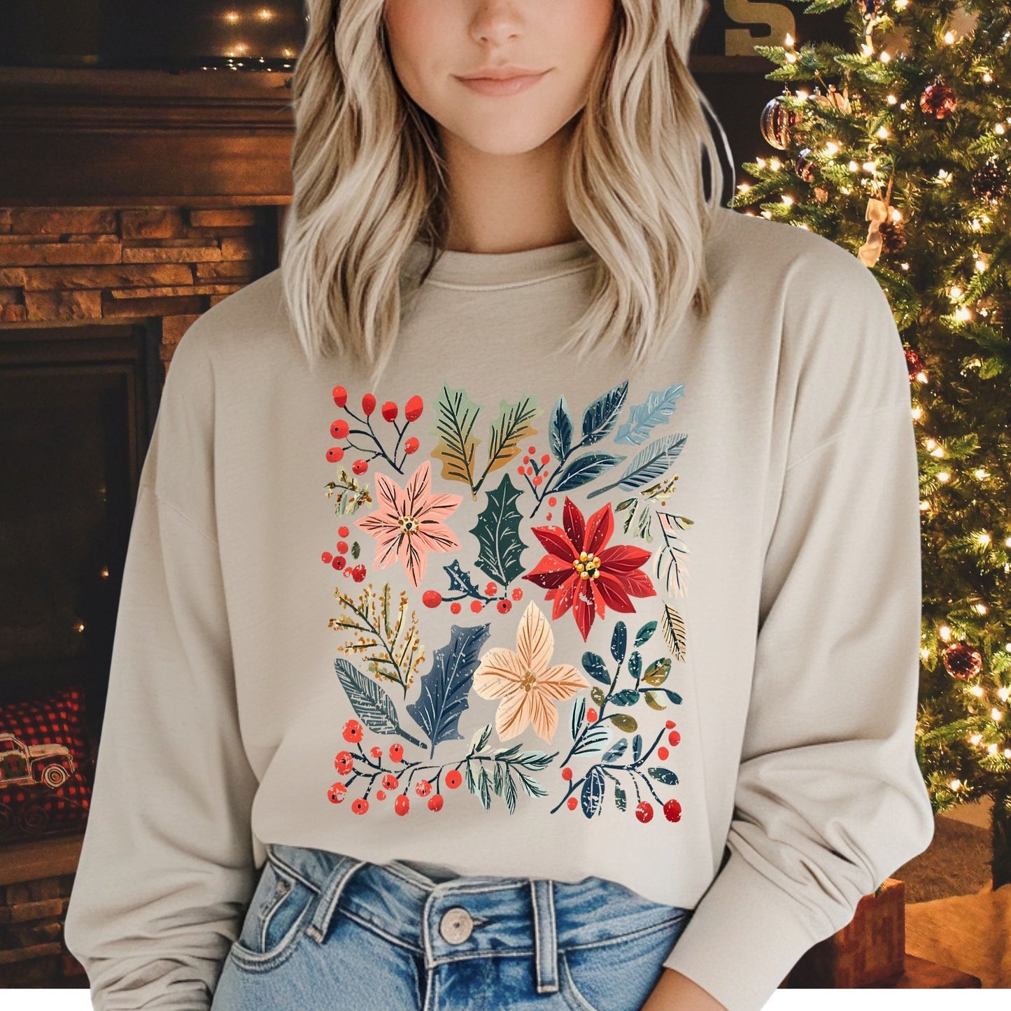 Boho Poinsettia Floral Long Sleeve Tee