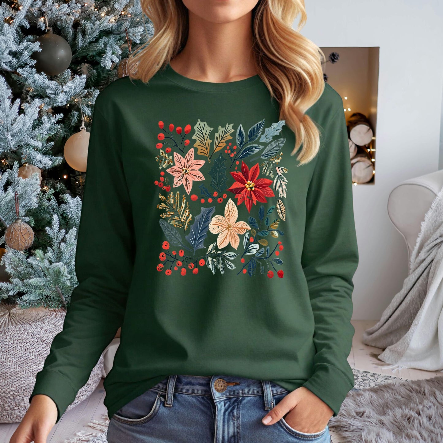 Boho Poinsettia Floral Long Sleeve Tee