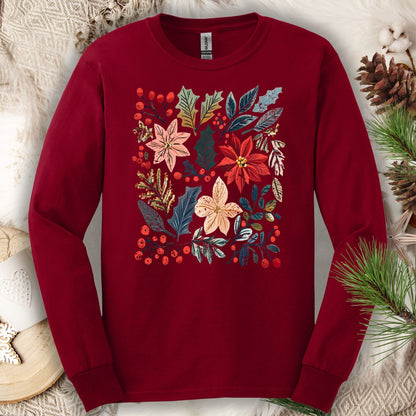 Cardinal Red Gildan long sleeve tee with a vibrant boho watercolor poinsettia and berry floral design.