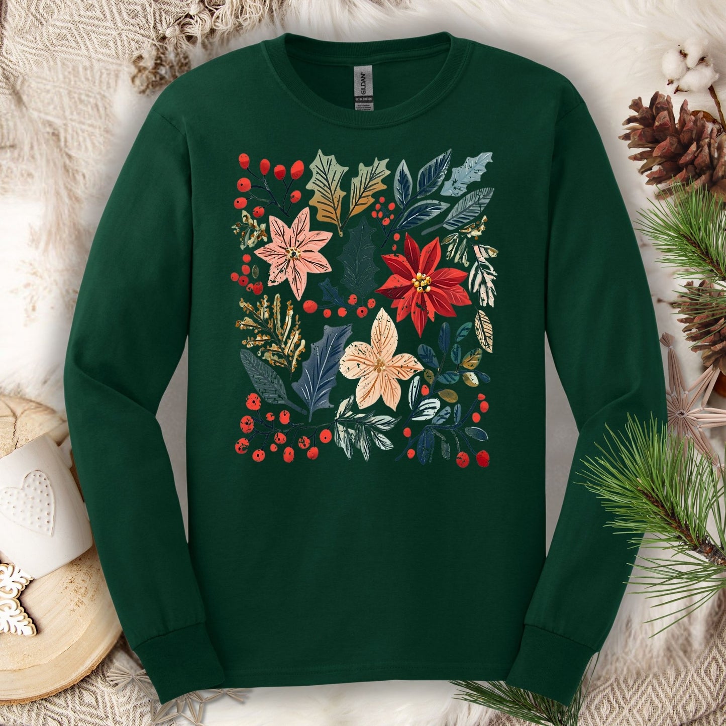Forest Green Gildan long sleeve tee with a vibrant boho poinsettia and floral design.
