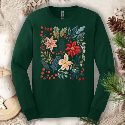 Forest Green Gildan long sleeve tee with a vibrant boho poinsettia and floral design.