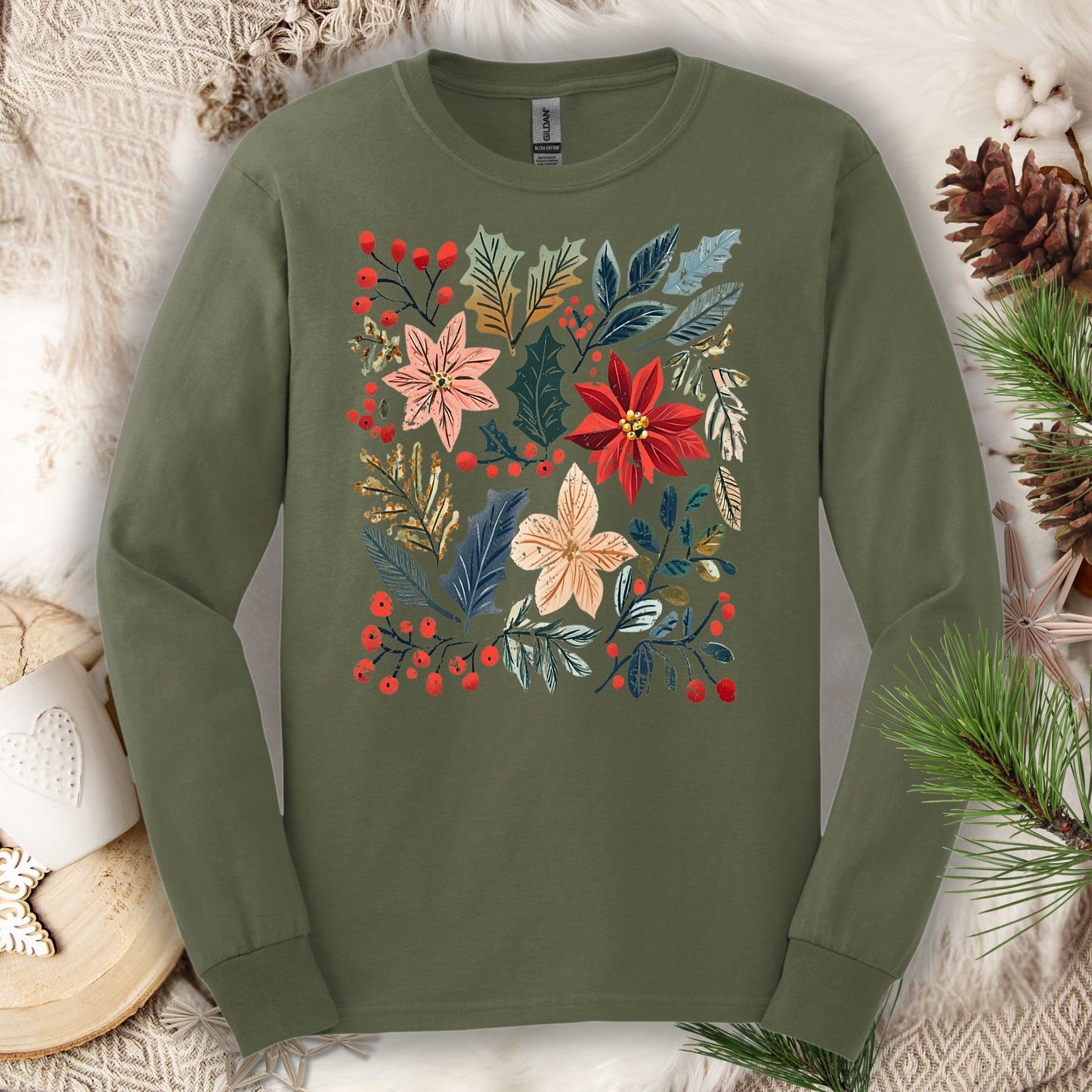 Military Green long sleeve tee with a vibrant boho poinsettia and floral design.