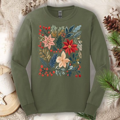 Military Green long sleeve tee with a vibrant boho poinsettia and floral design.
