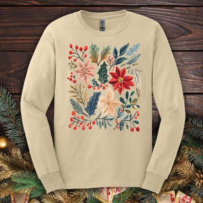 Sand long sleeve tee with a vibrant boho watercolor poinsettia and floral design, perfect for festive style.