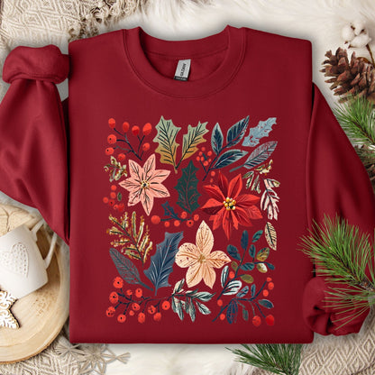 Cardinal Red Gildan sweatshirt with vibrant boho watercolor poinsettia and floral design.
