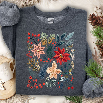 Dark Heather Gildan sweatshirt with vibrant boho watercolor poinsettias, leaves, and berries.