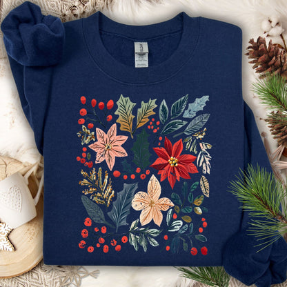 Navy Gildan sweatshirt with vibrant boho watercolor poinsettia florals and rustic charm.