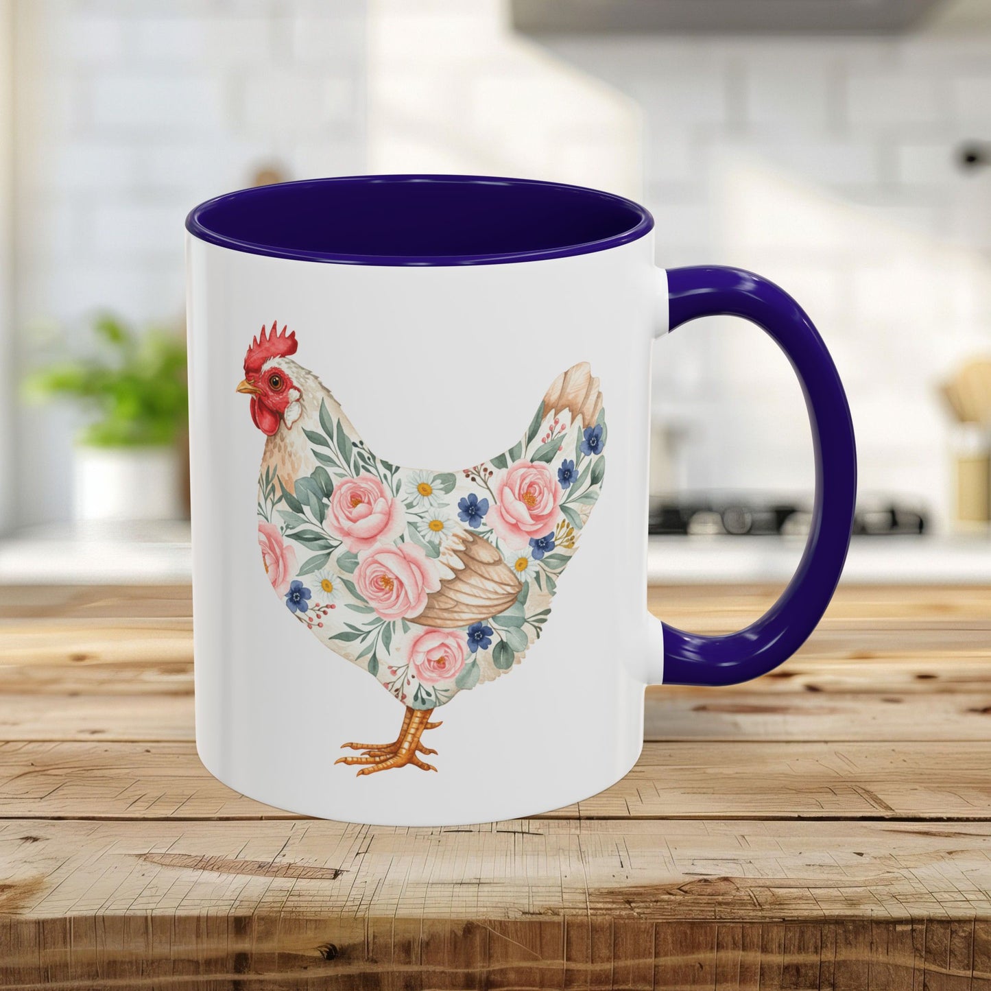 White ceramic 11oz mug with a blue interior and handle, featuring a watercolor floral chicken print.