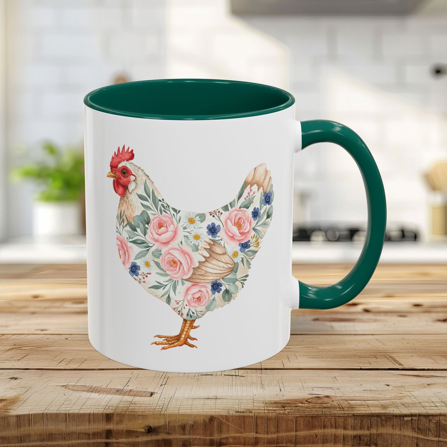 White 11oz ceramic mug with a green handle and interior, featuring a watercolor floral chicken print.