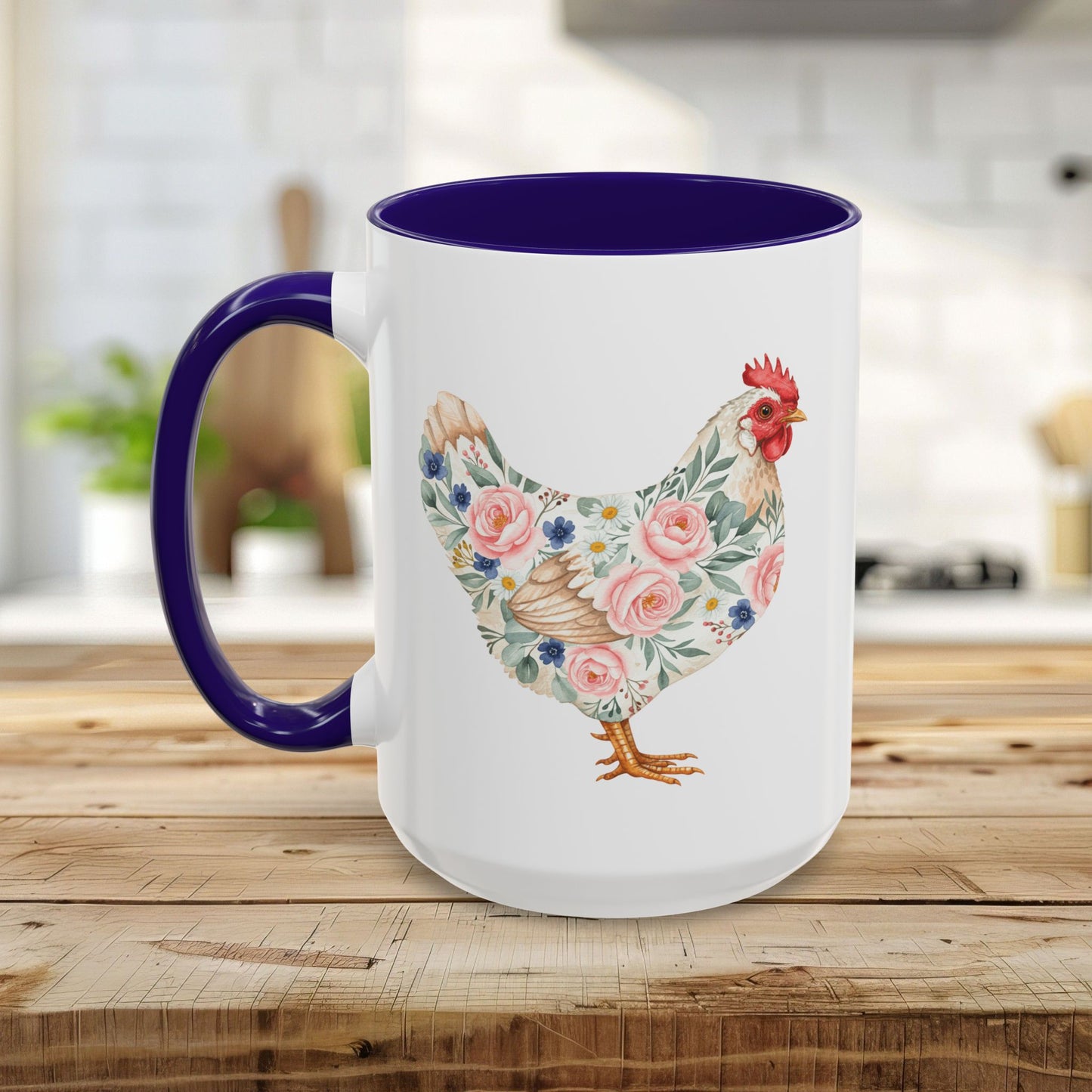 White ceramic mug with a purple handle and interior, featuring a watercolor floral chicken design.