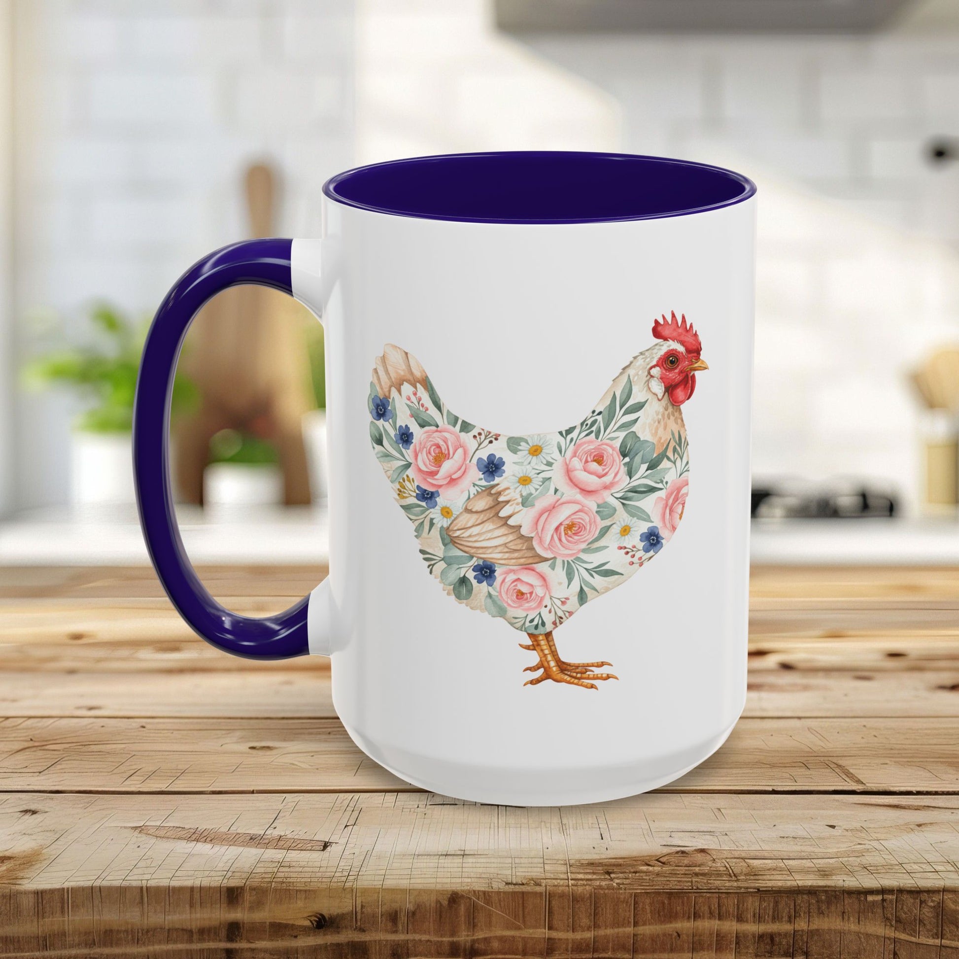 White ceramic mug with a purple handle and interior, featuring a watercolor floral chicken design.