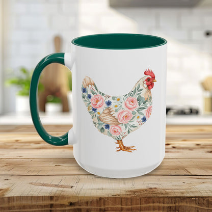 White ceramic mug with a watercolor floral chicken print, green interior, and matching C-handle.