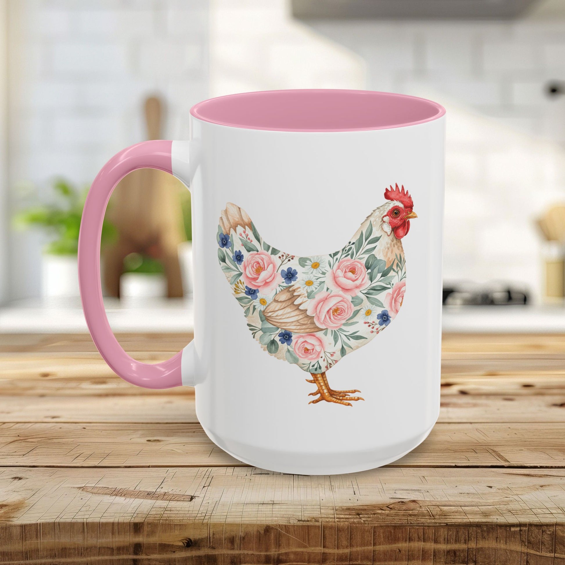 White ceramic mug with pink interior and handle, featuring a watercolor floral chicken design.