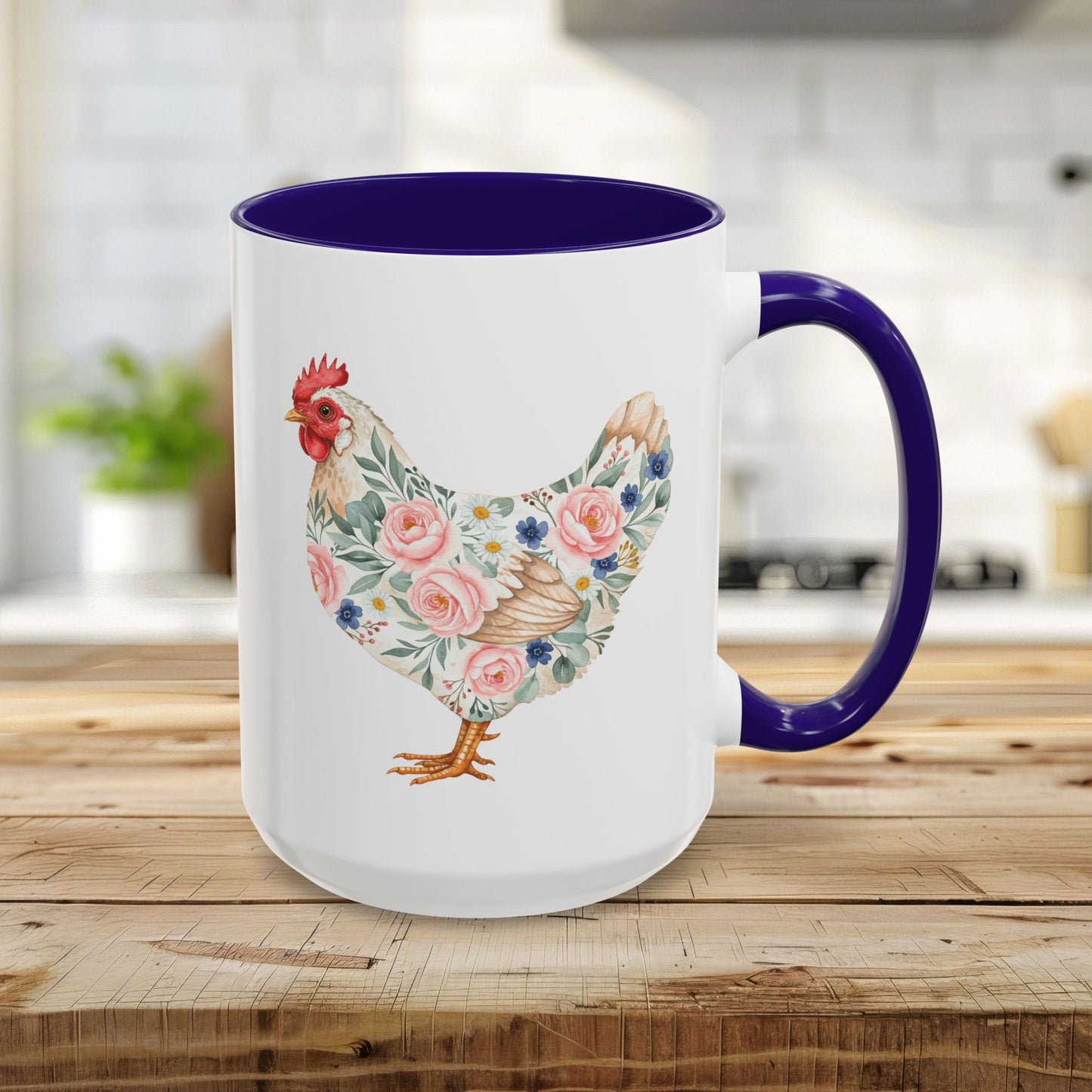 White 15oz ceramic mug with a blue interior and handle, featuring a watercolor floral chicken design.