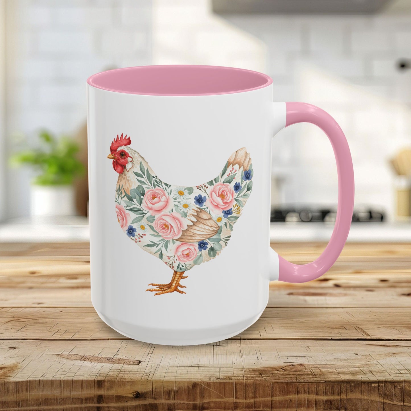White 15oz ceramic mug with a pink interior and handle, featuring a watercolor floral chicken print.