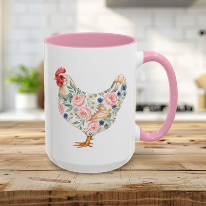 White 15oz ceramic mug with a pink interior and handle, featuring a watercolor floral chicken print.