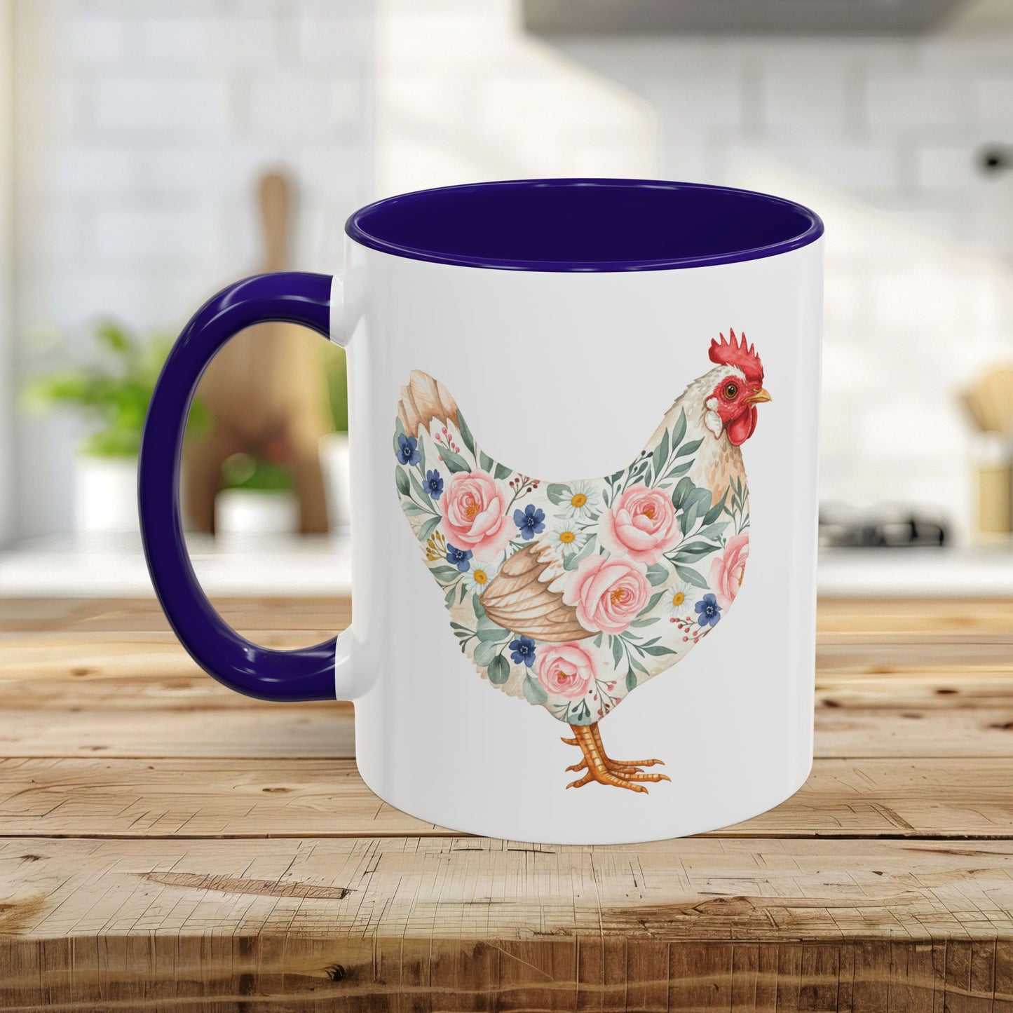 White ceramic mug with a purple handle and interior, featuring a watercolor floral chicken print.