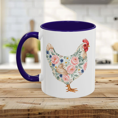 White ceramic mug with a purple handle and interior, featuring a watercolor floral chicken print.