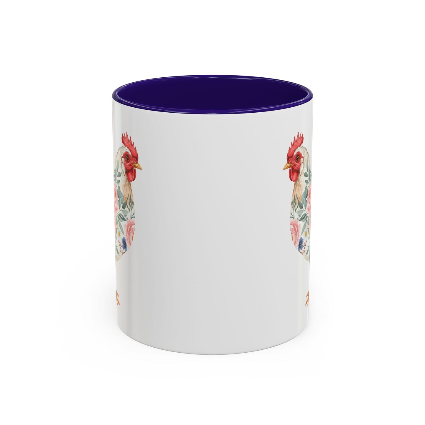 White ceramic 11oz mug with a purple interior and handle, featuring a watercolor floral chicken print.