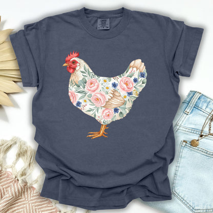 Denim S Botanical Chicken T-Shirt with floral hen design.