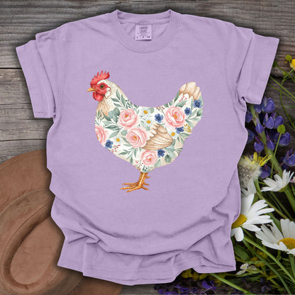 Orchid S t-shirt with a botanical chicken illustration featuring roses and daisies.