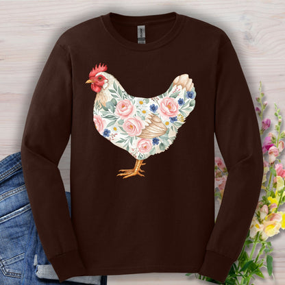 Dark Chocolate long sleeve tee with a watercolor hen design adorned with pink and blue botanical details.
