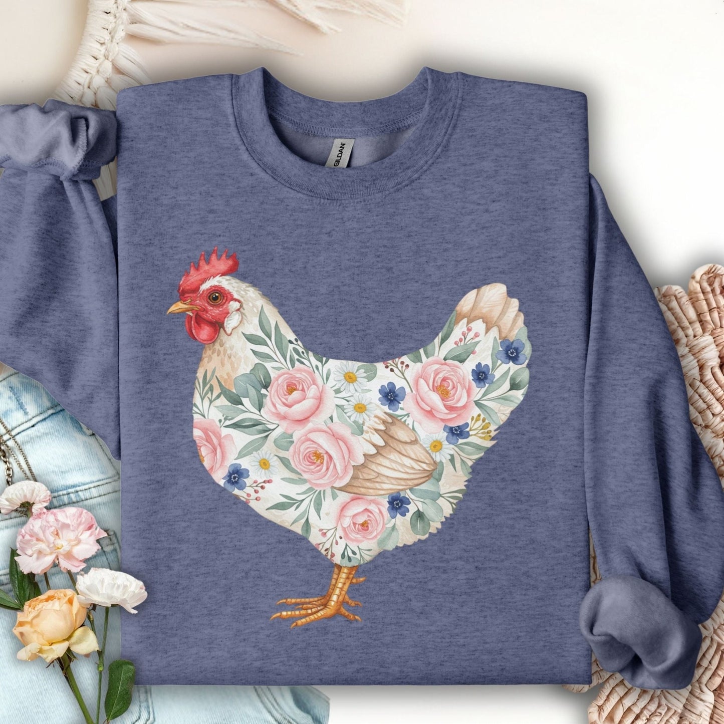 Heather Sport Dark Navy sweatshirt with a watercolor hen adorned with pink roses and blue flowers.