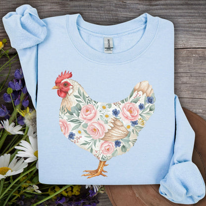 Light blue S sweatshirt with a watercolor floral hen design featuring pink roses and blue forget-me-nots.