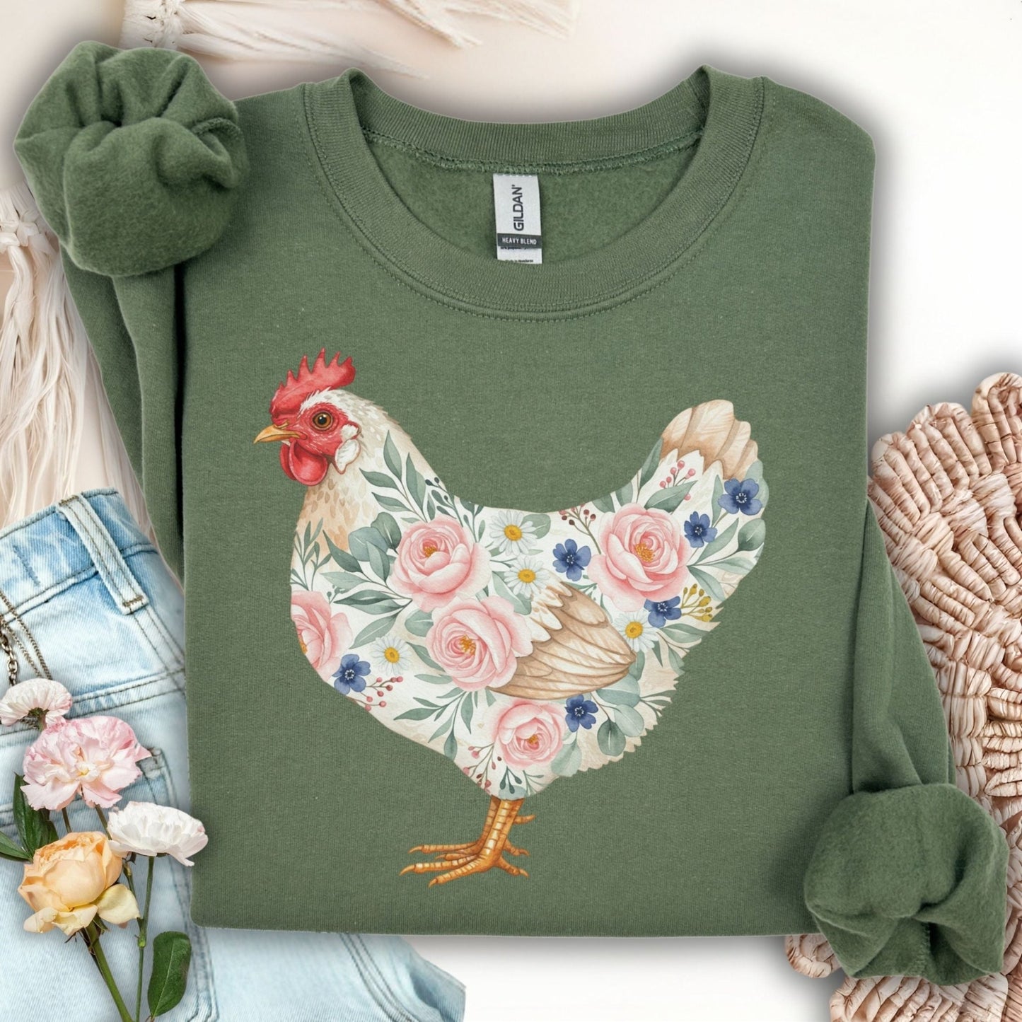 Military Green sweatshirt with a watercolor floral hen design featuring pink roses and blue flowers.