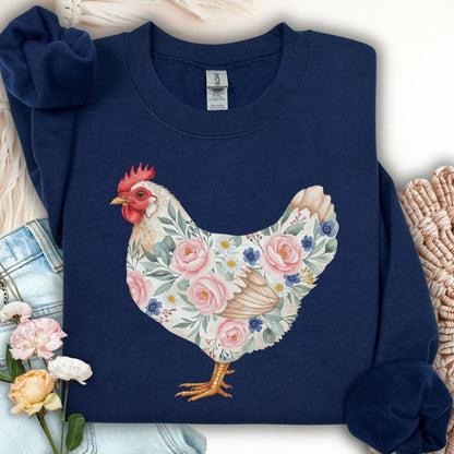 Navy S sweatshirt with a watercolor botanical hen design featuring roses, daisies, and forget-me-nots.