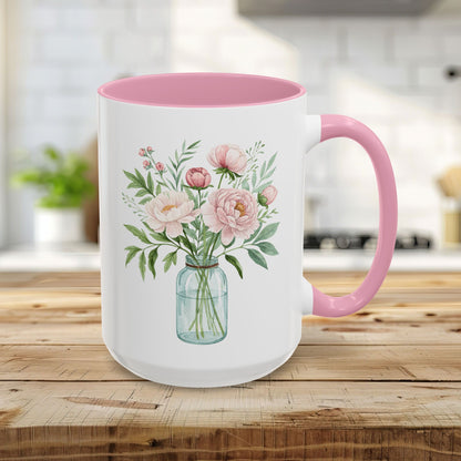 15oz white ceramic mug with pink handle and interior, featuring a botanical peony arrangement in a glass jar.