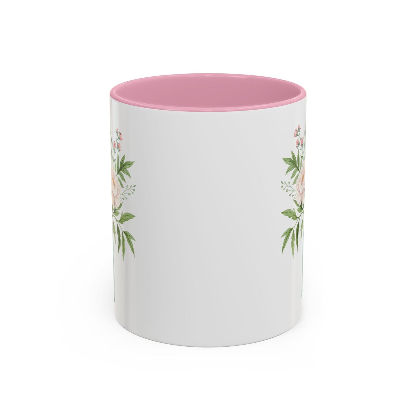 White ceramic mug with pink interior and watercolor peonies in a glass jar design.