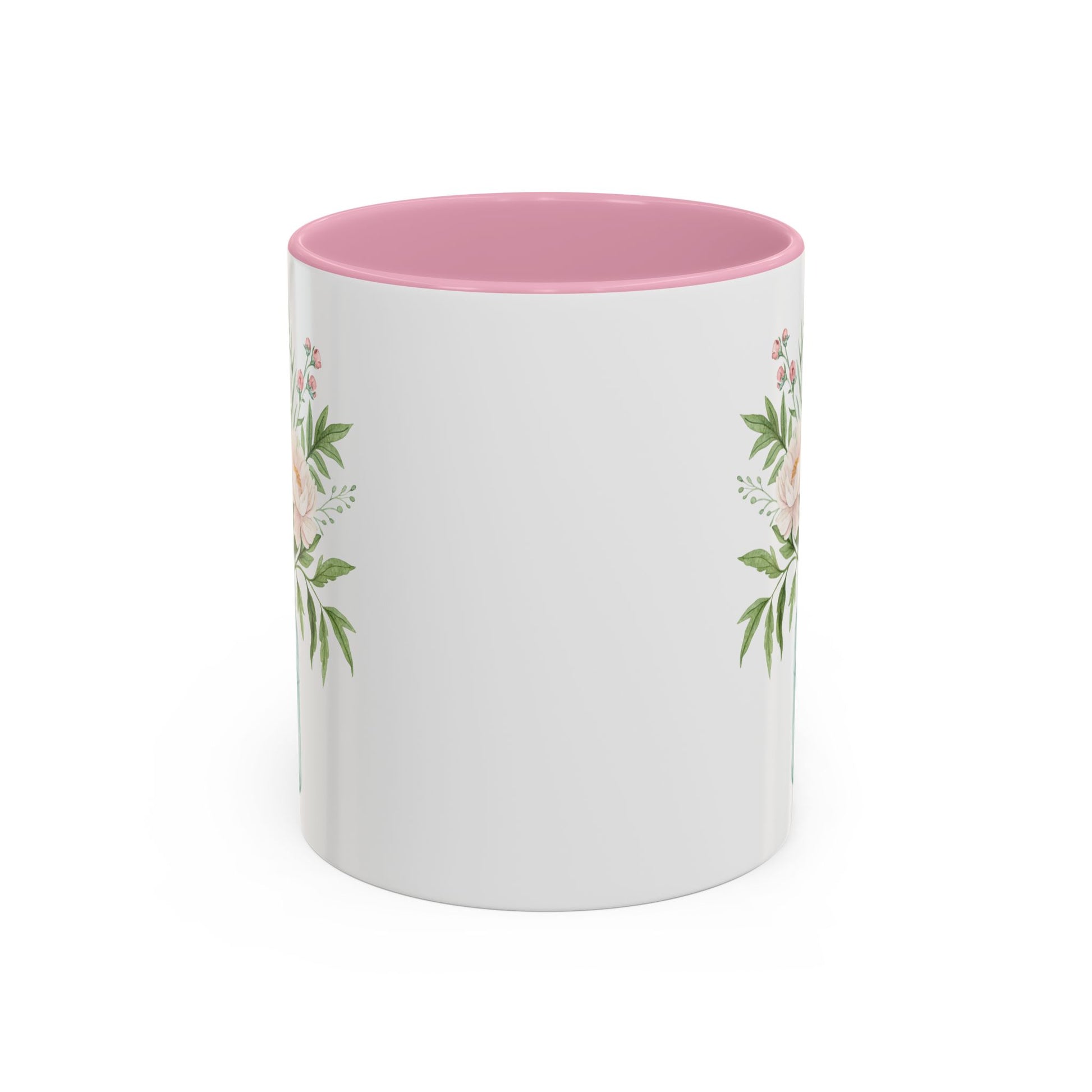 White ceramic mug with pink interior and watercolor peonies in a glass jar design.