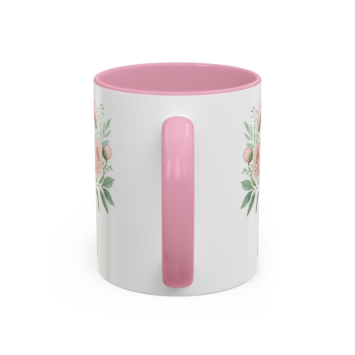 White ceramic mug with pink handle and interior, featuring a watercolor peony arrangement.