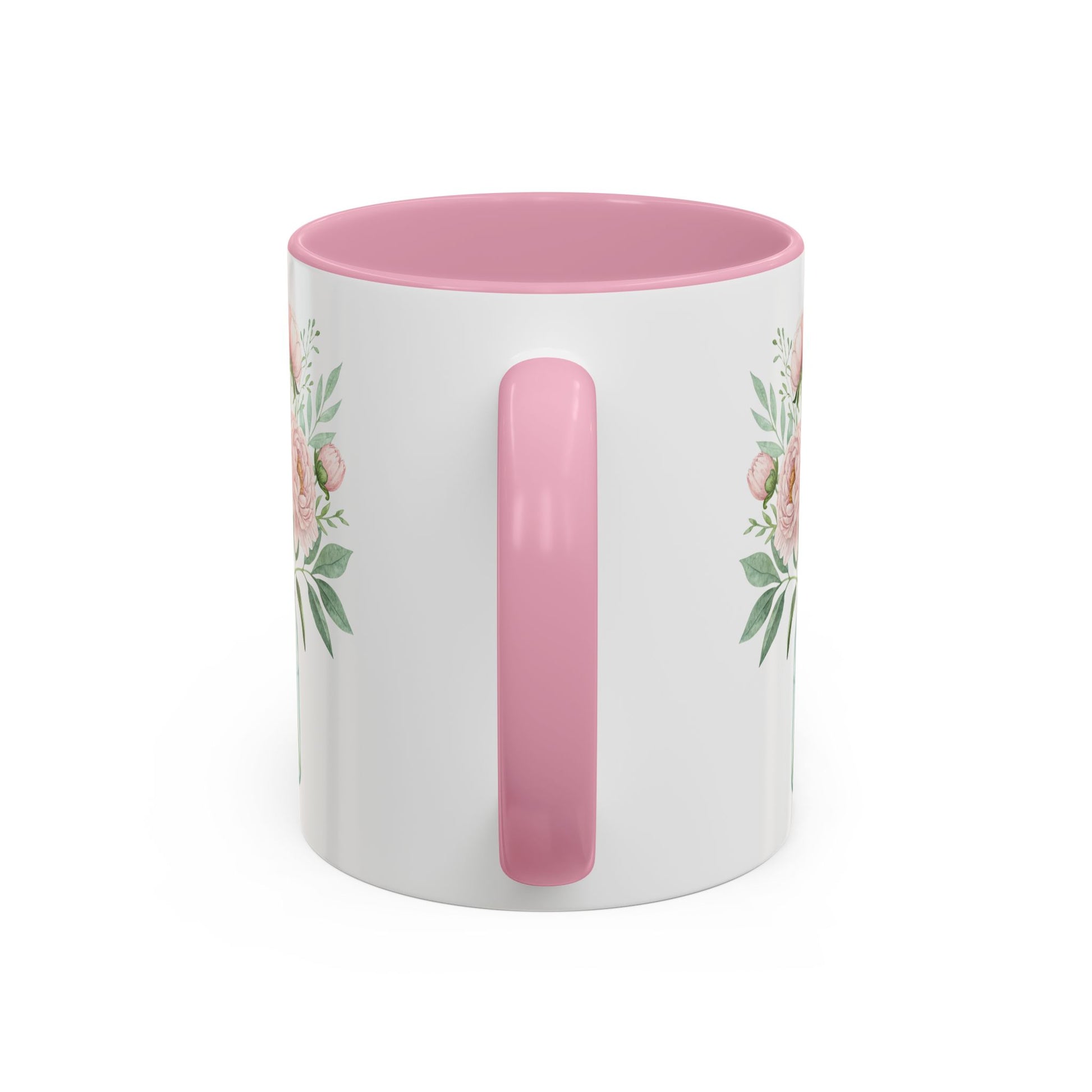 White ceramic mug with pink handle and interior, featuring a watercolor peony arrangement.