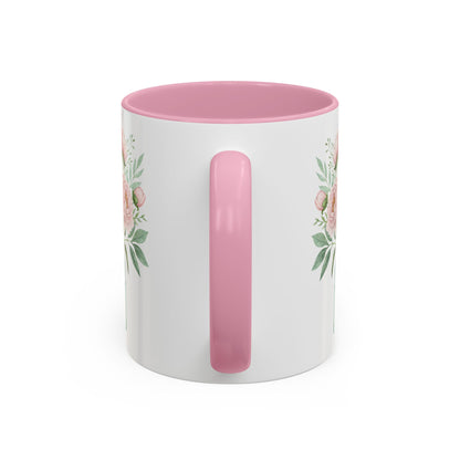 White ceramic mug with pink handle and interior, featuring a watercolor peony arrangement.