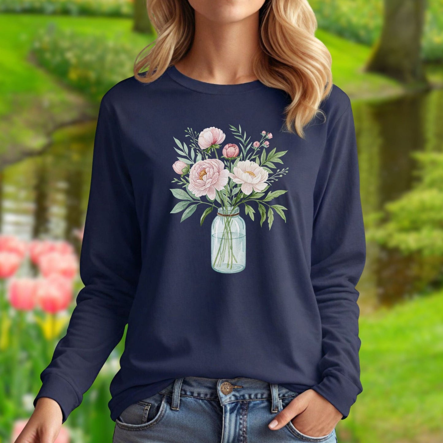 Botanical Peony Arrangement in Glass Jar Long Sleeve Tee