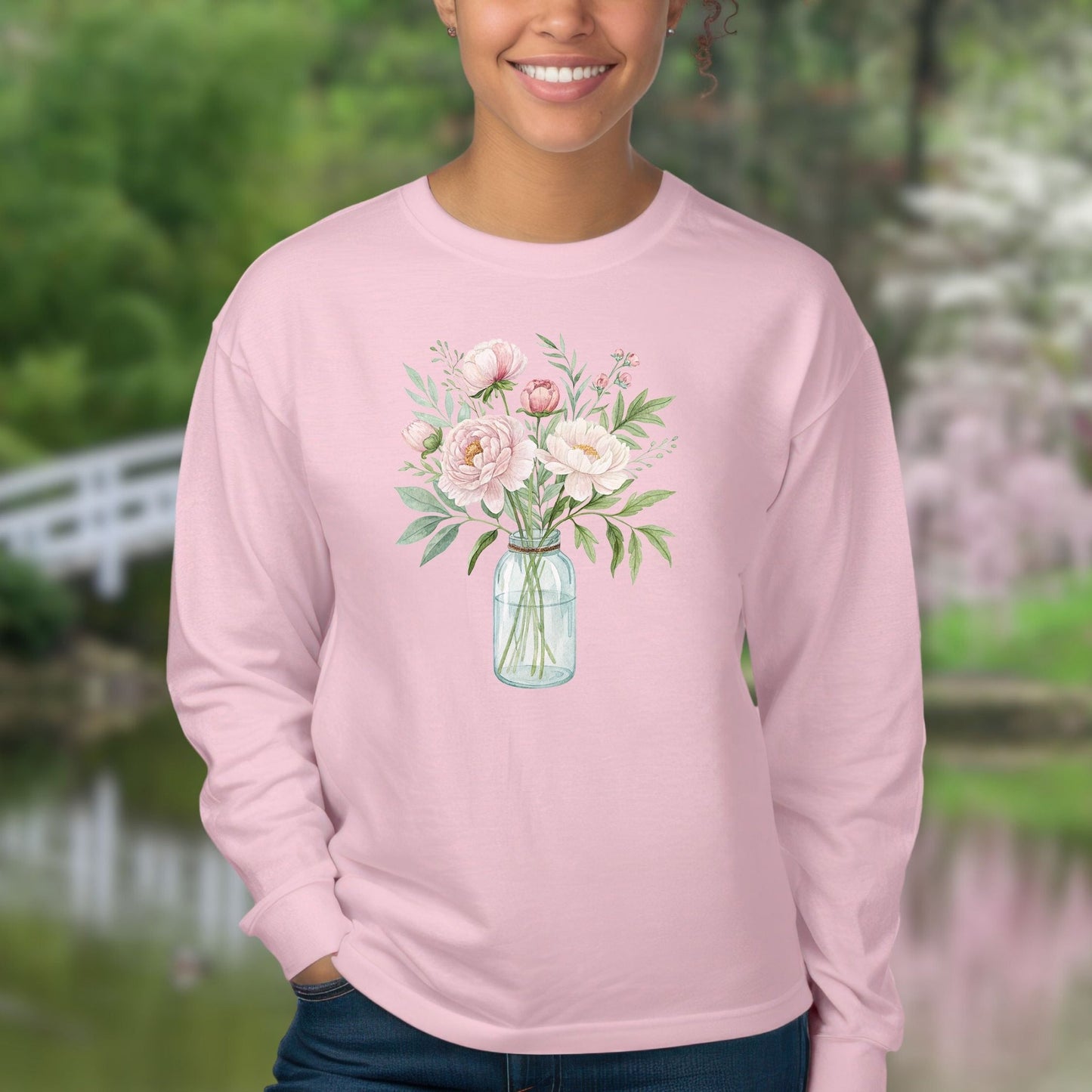 Botanical Peony Arrangement in Glass Jar Long Sleeve Tee