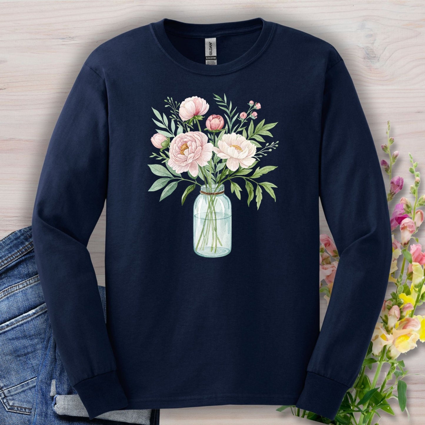 Botanical Peony Arrangement in Glass Jar Long Sleeve Tee
