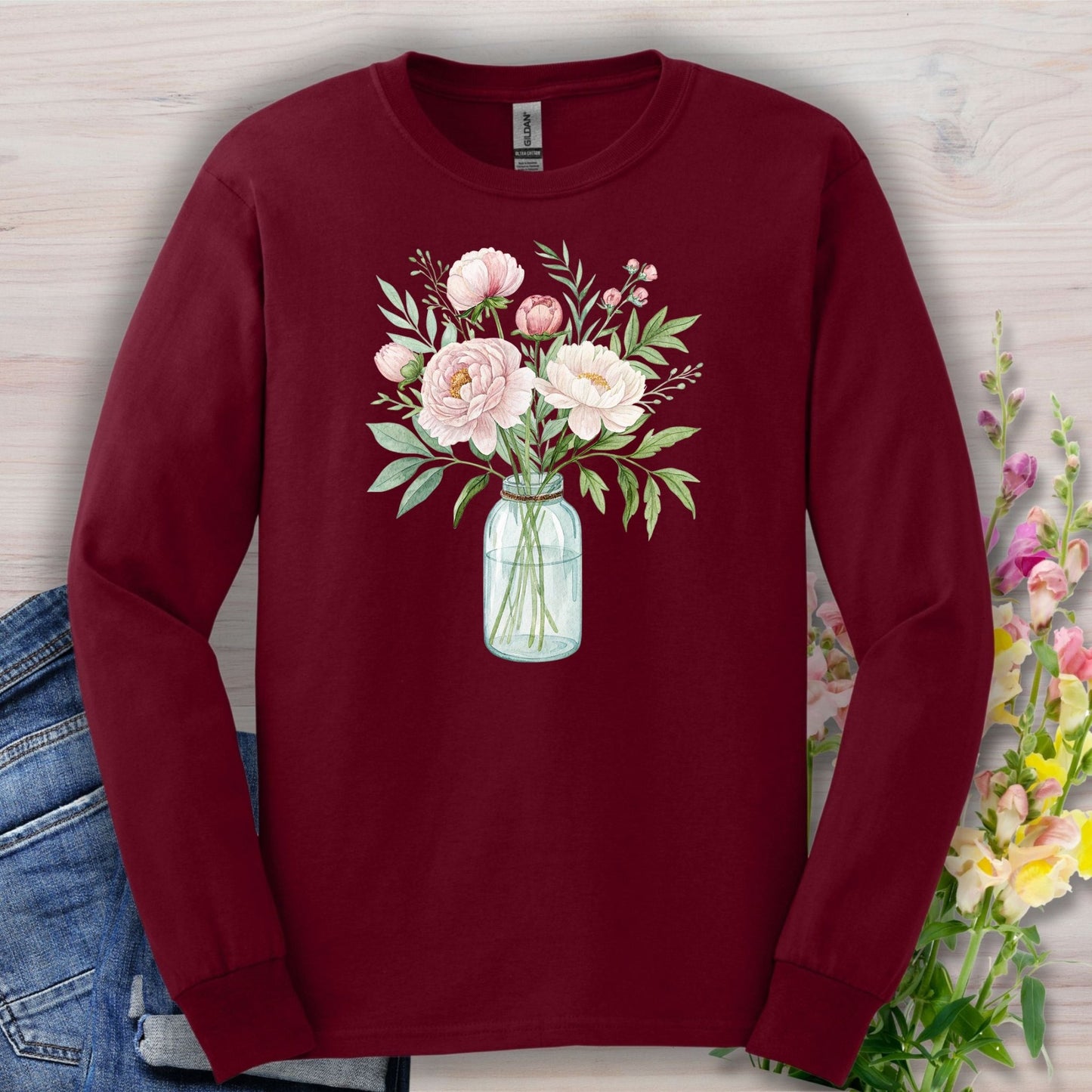 Botanical Peony Arrangement in Glass Jar Long Sleeve Tee