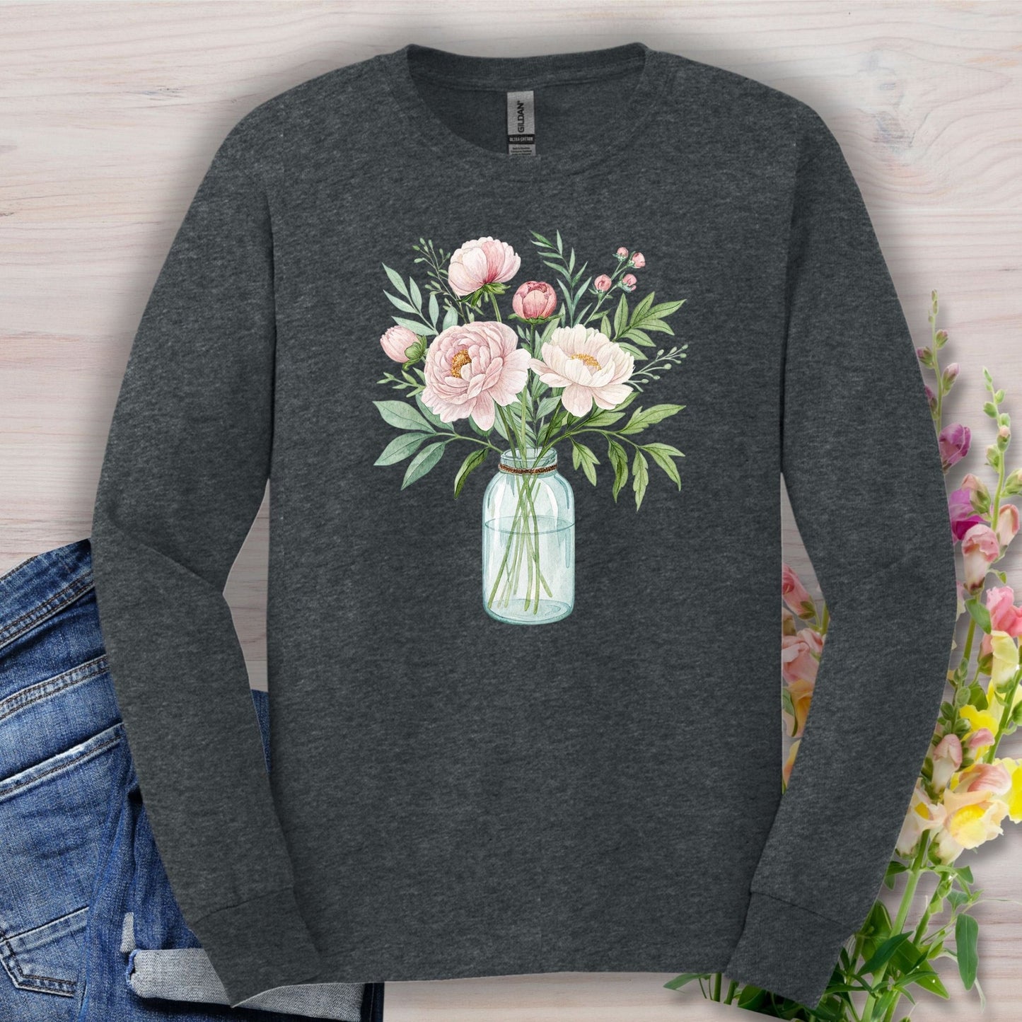Botanical Peony Arrangement in Glass Jar Long Sleeve Tee