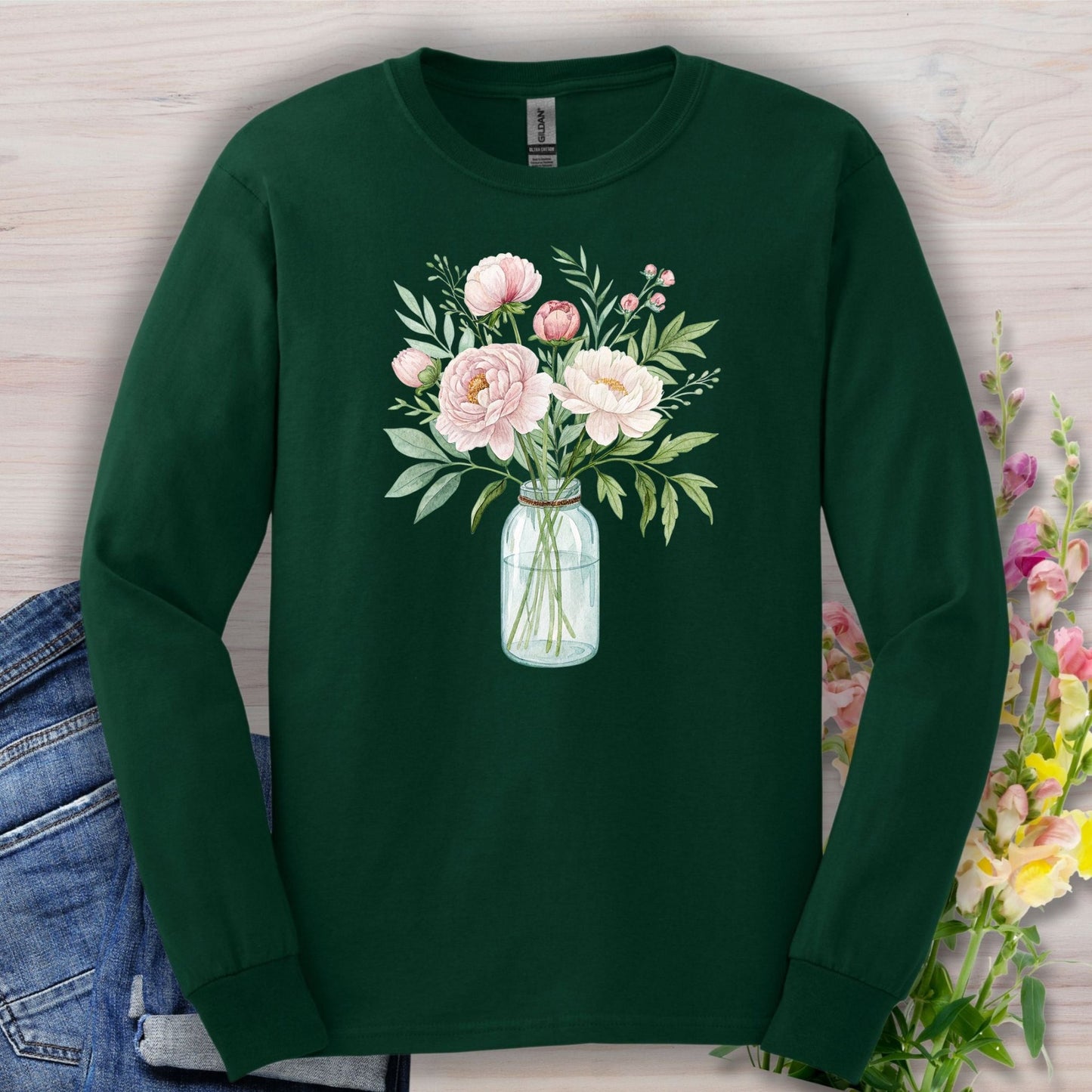 Botanical Peony Arrangement in Glass Jar Long Sleeve Tee