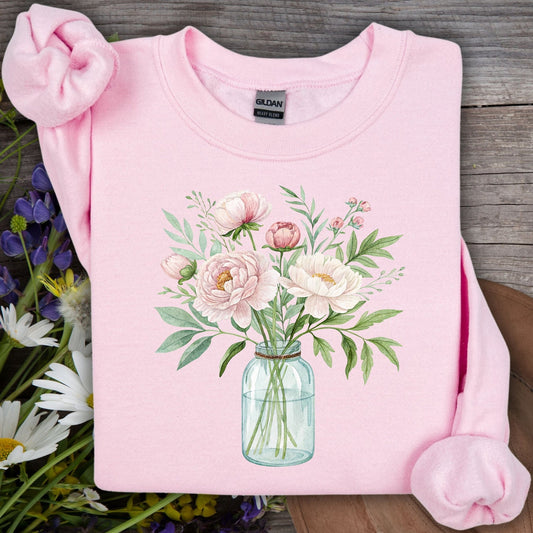 Botanical Peony Arrangement in Glass Jar Sweatshirt