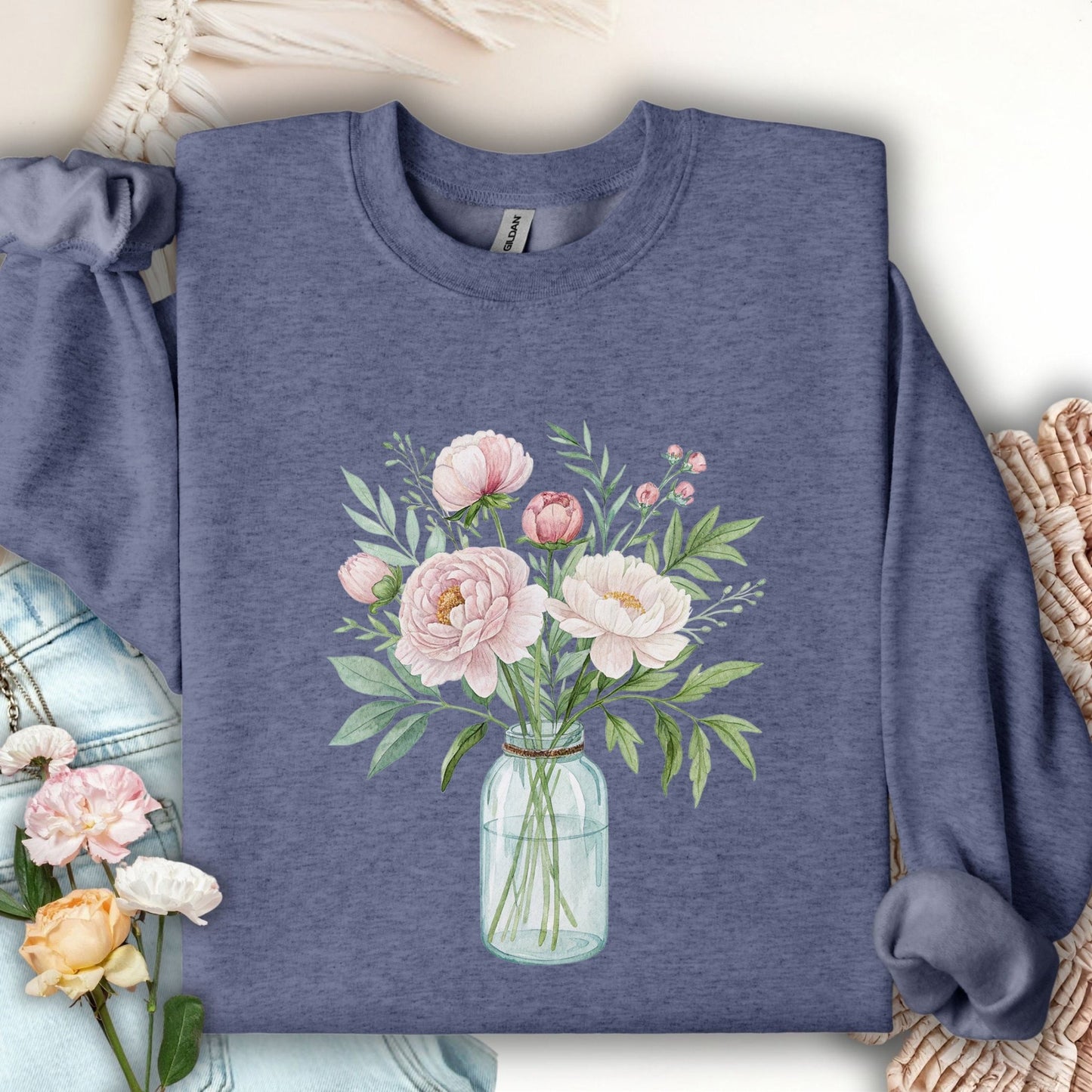 Heather Sport Dark Navy sweatshirt with a botanical peony arrangement in a glass jar design.
