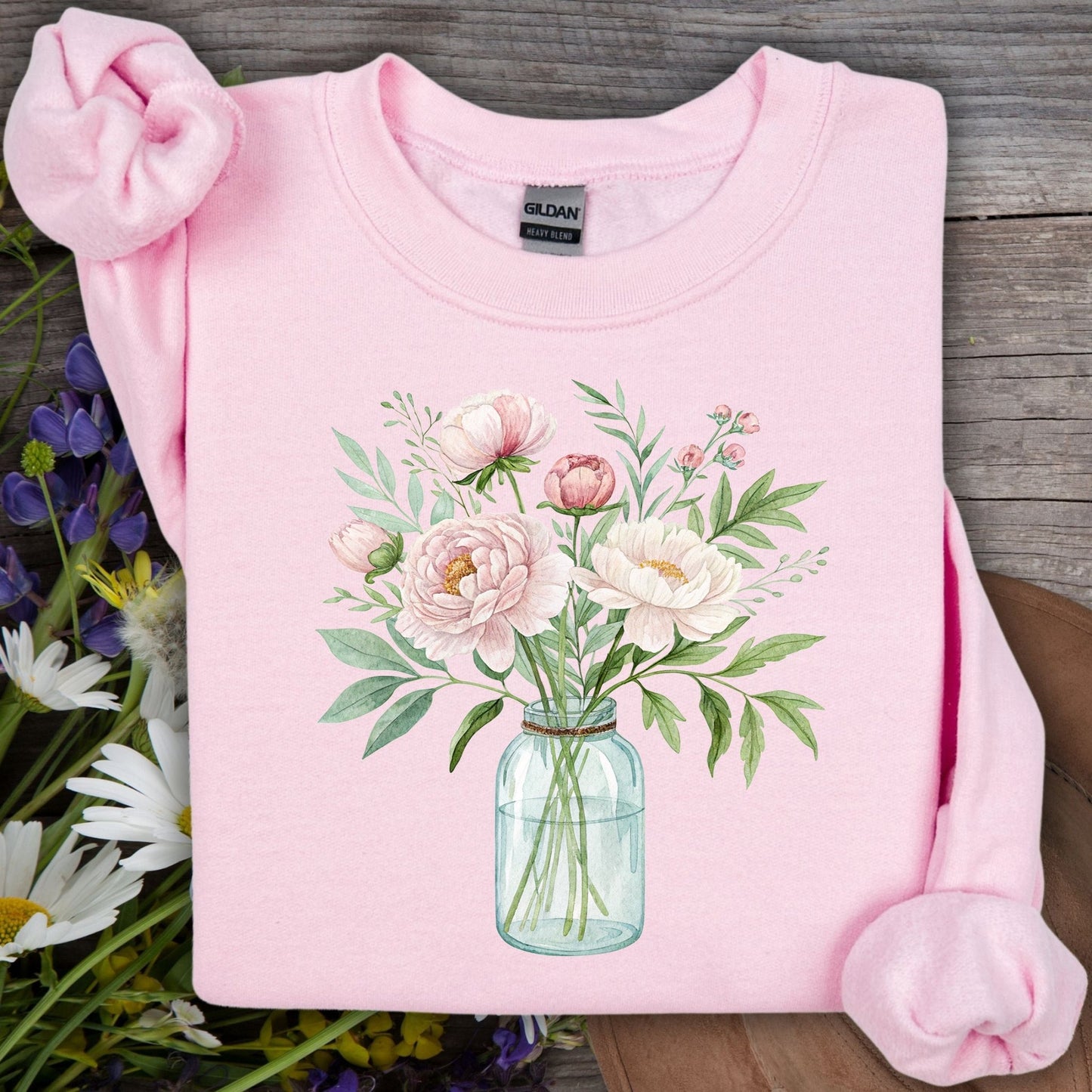 Light pink Gildan sweatshirt with botanical peony arrangement in glass jar design.