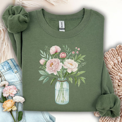 Military Green sweatshirt with a botanical peony arrangement in a glass jar, featuring pink and white flowers.