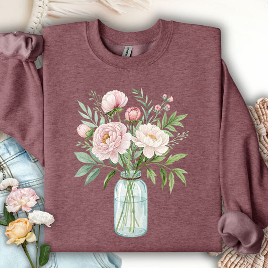 Botanical Peony Arrangement in Glass Jar Sweatshirt