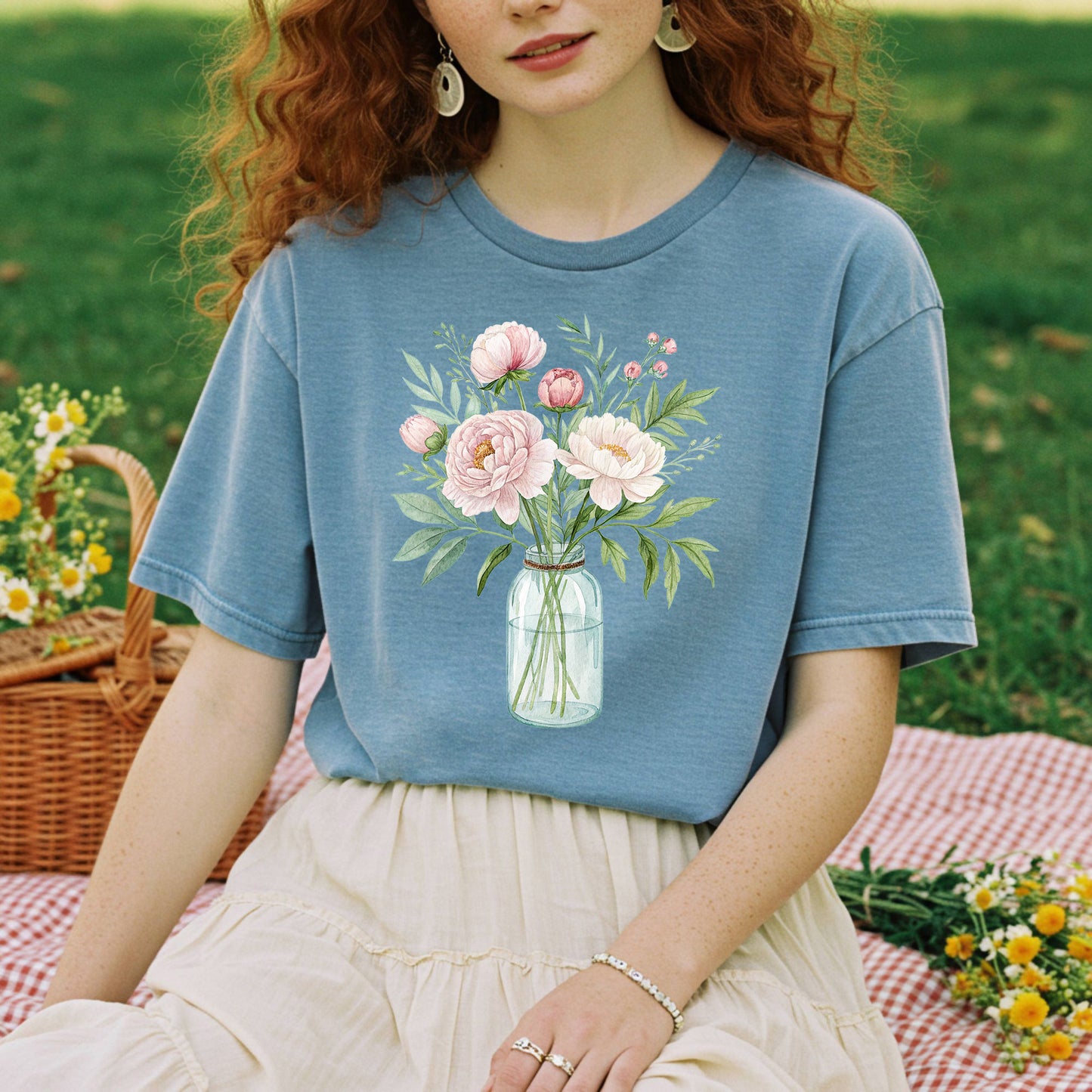 Botanical Peony Arrangement in Glass Jar T-Shirt