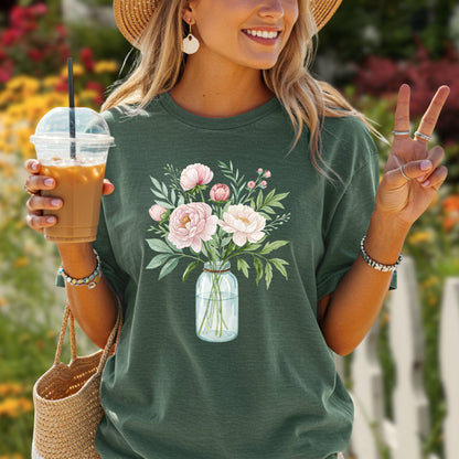 Botanical Peony Arrangement in Glass Jar T-Shirt